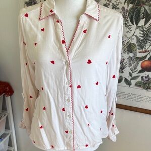 Jane and Delancey Cream and Red Heart Button Down Shirt Medium